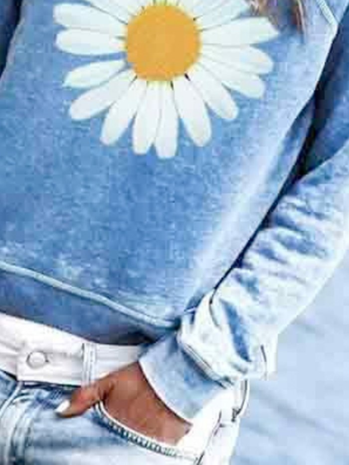 Blue Cotton-Blend Crew Neck Floral Casual Shirts & Tops