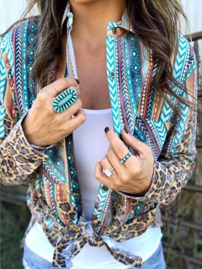 Leopard Long Sleeve Cotton-Blend Shirts & Tops