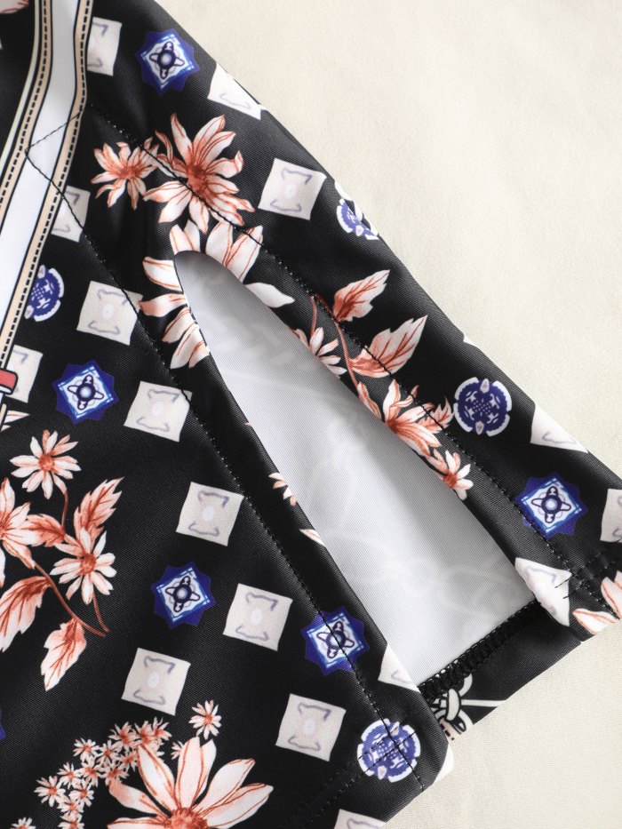 Chain Floral Print Halter Three-Piece Bikini