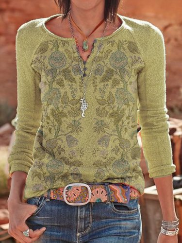 Printed Vintage Floral Long Sleeve Tops