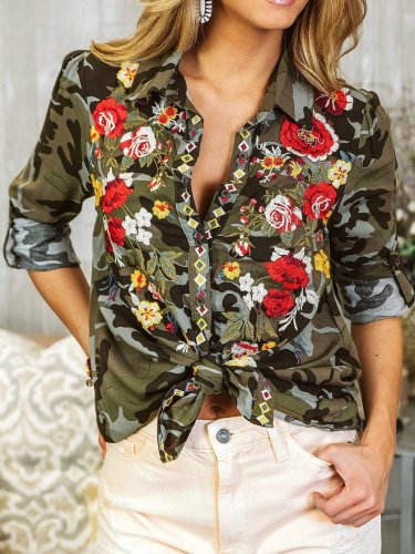 Long Sleeve Floral-Print Leopard Shirts & Tops