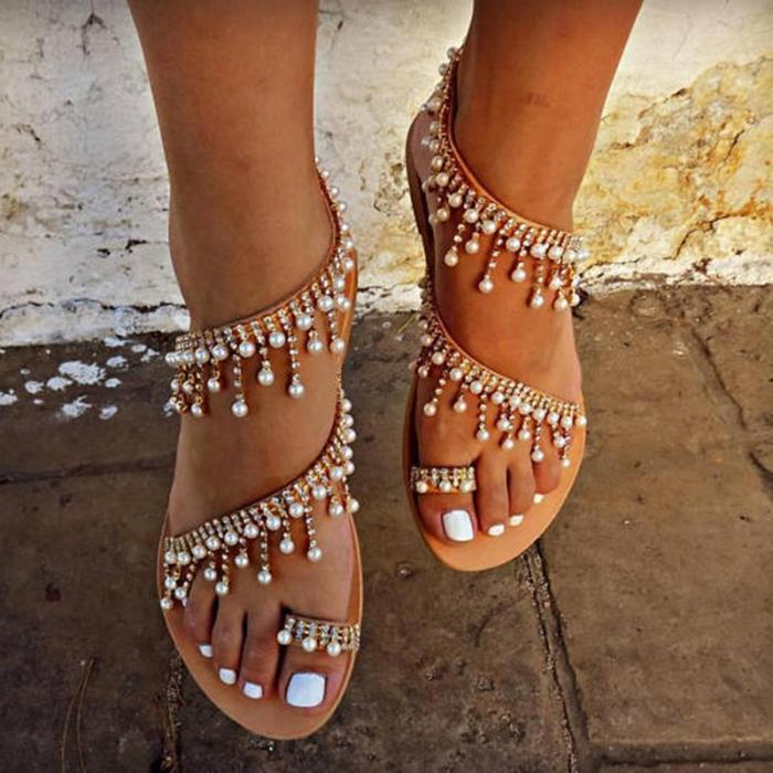 Women Plus Size Imitation Pearls Sandals Casual Slip-On Sandals