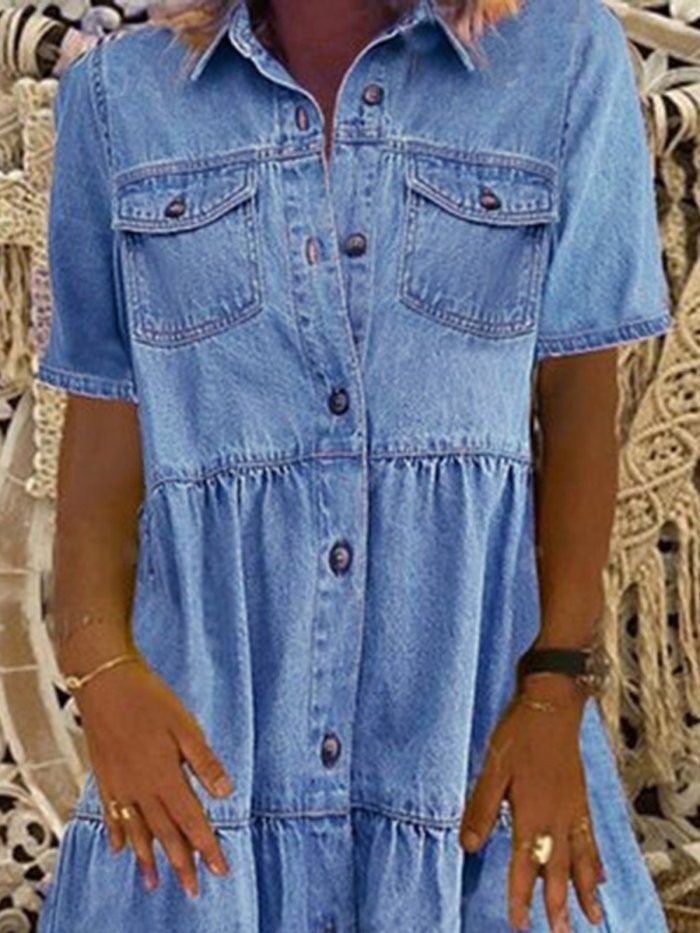 Denim Daily Casual Shirt Collar Short Sleeve Buttoned Pockets A-line Dresses
