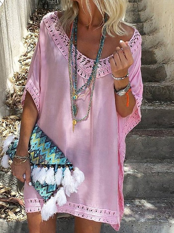 V neck  Women Daily Half Sleeve Basic Paneled Summer Dress