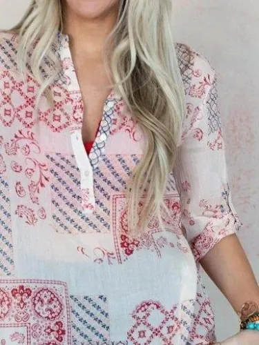 Cotton-Blend Tribal Shift Half Sleeve Shirts & Tops