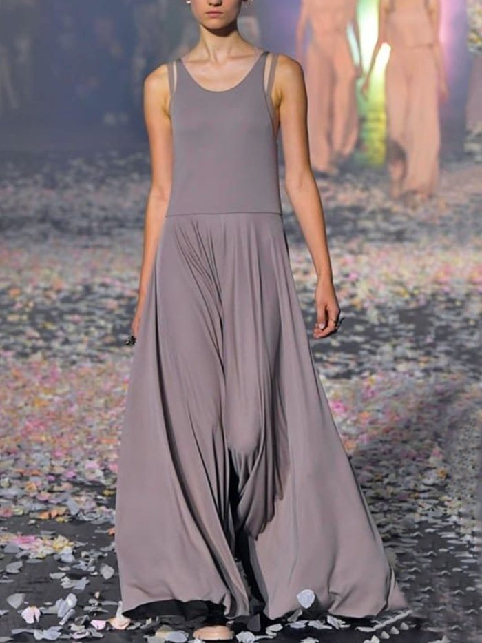 Vintage Sleeveless Crew Neck Solid Dresses