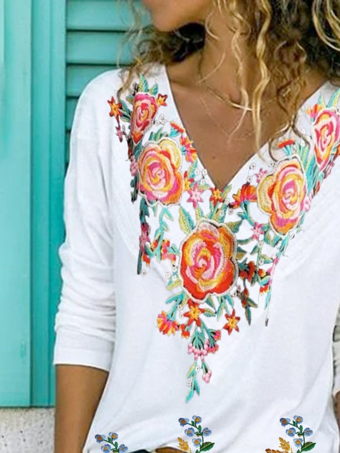 Long Sleeve Floral Casual V Neck Shirts & Tops