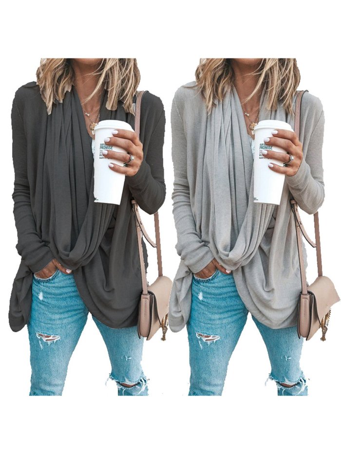 Spring/Fall Cowl Neck Asymmetrical Solid Casual T-Shirts