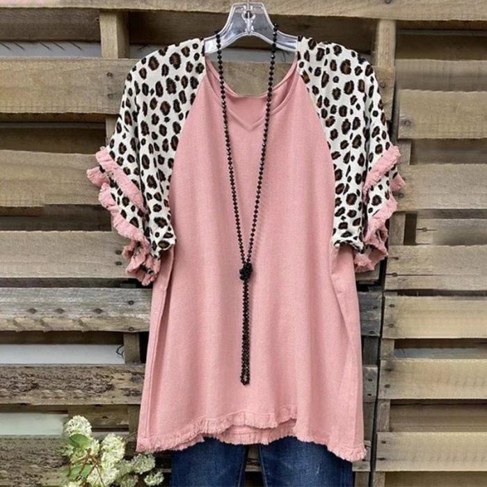 Vintage Leopard Printed Tassel Plus Size Short Sleeve V Neck Casual Tops