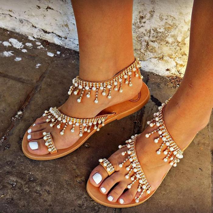Women Plus Size Imitation Pearls Sandals Casual Slip-On Sandals
