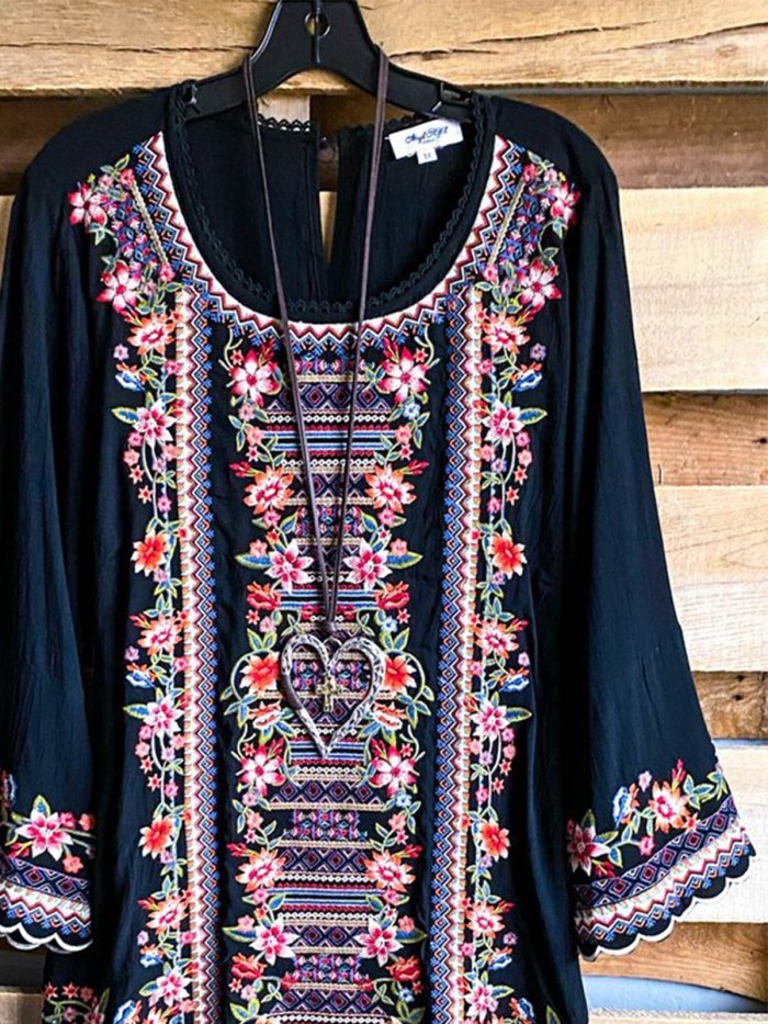 Crew Neck 3/4 Sleeve Floral Shift Shirts & Tops