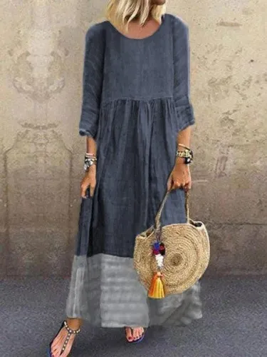 Crew Neck Gray Women  Shift Date Linen crew neck Plain Linen Paneled Dresses