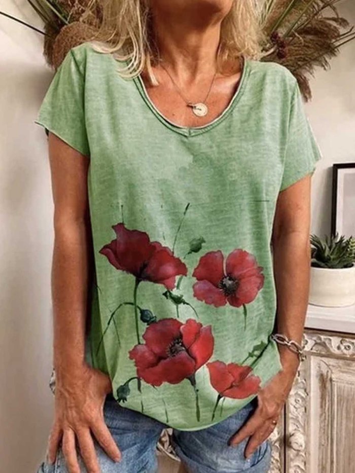 Gray Short Sleeve Printed Cotton Shirts & Tops