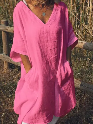 Plus Size V Neck Women Daily Casual Pockets Solid Dresses