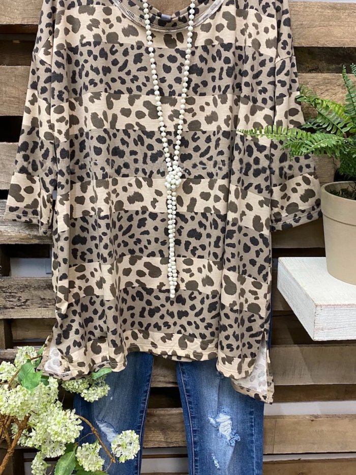 Leopard Casual Crew Neck Half Sleeve Shirts & Tops