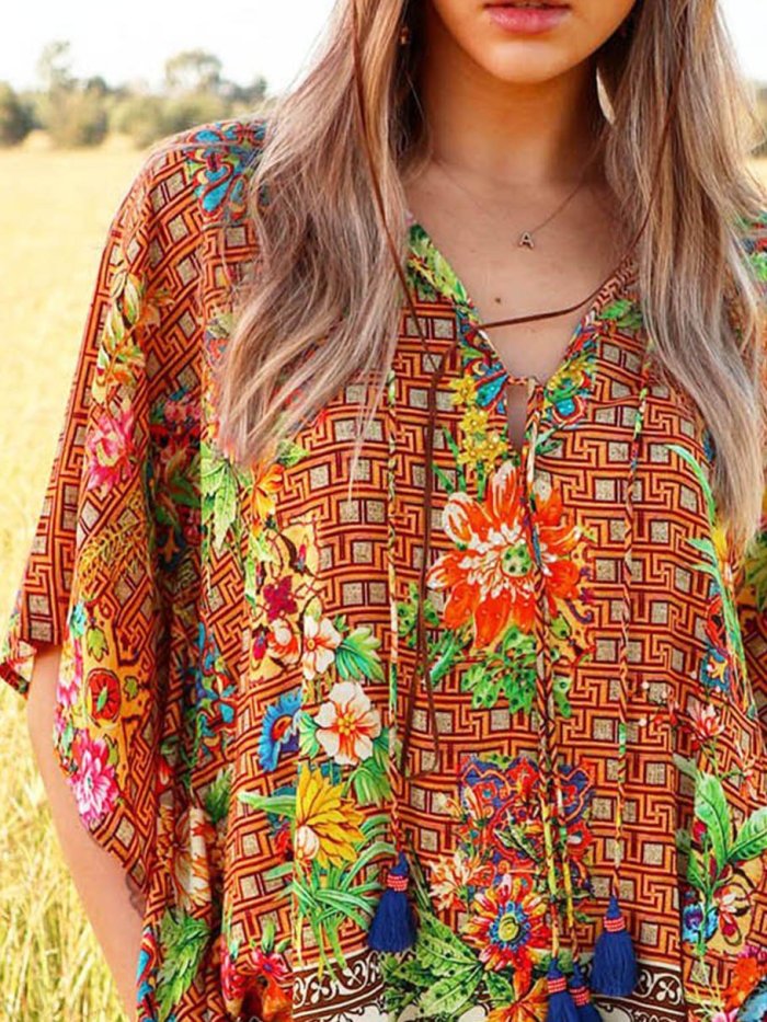 Batwing V Neck Boho Shirts & Tops