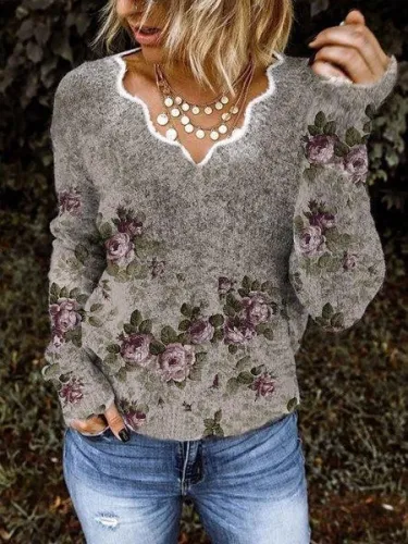 Long Sleeve V Neck Cotton-Blend Shirts & Tops