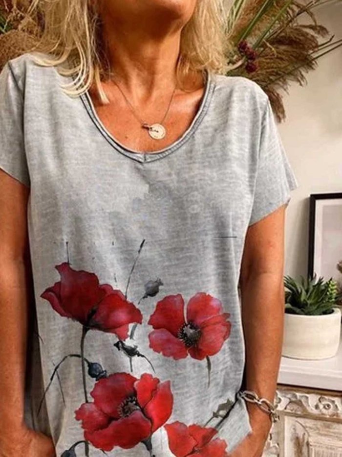 Gray Short Sleeve Printed Cotton Shirts & Tops