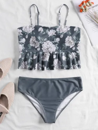 Floral Print Ruffle Hem Sling Bikini
