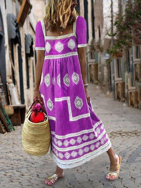 Plus Size Women Short Sleeve Vintage Floral Casual Dresses