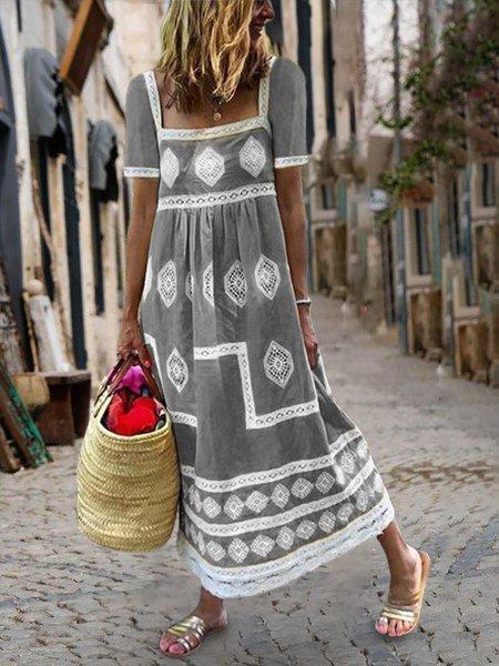 Plus Size Women Short Sleeve Vintage Floral Casual Dresses