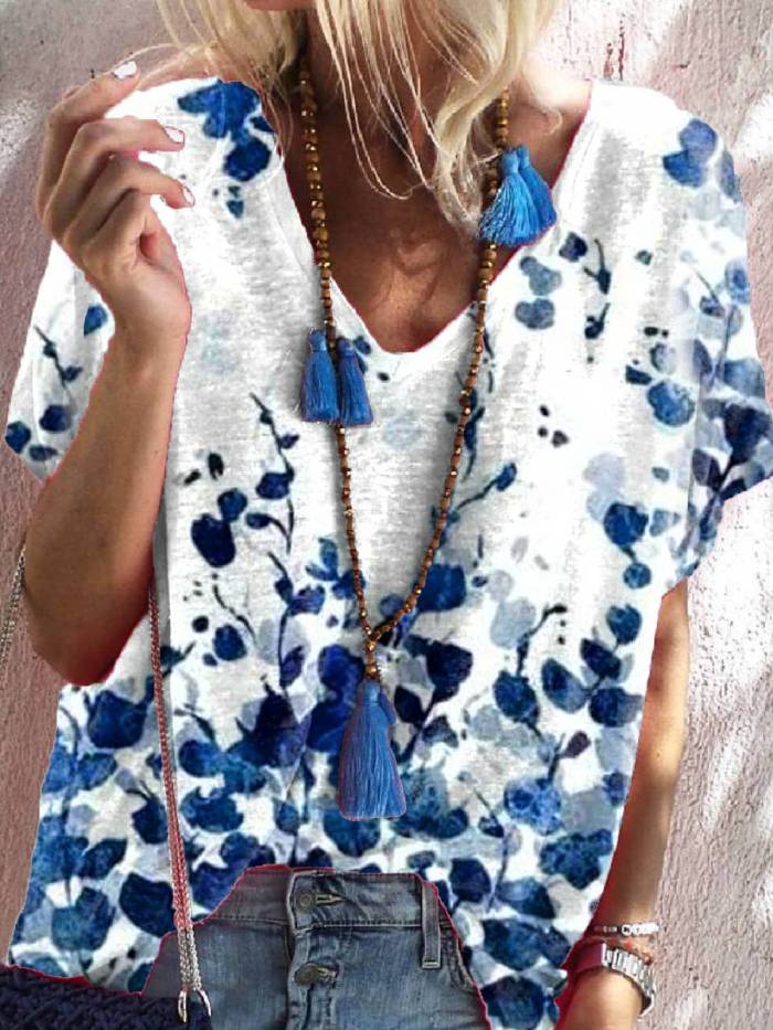 Floral Casual V Neck Cotton-Blend Shirts & Tops