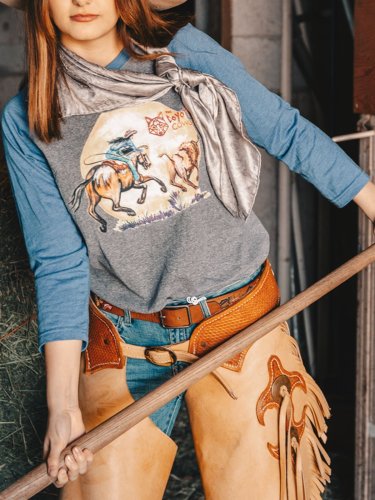 Gray Abstract Long Sleeve Crew Neck Cotton-Blend Shirts & Tops