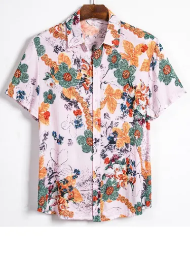 Men's Floral Print Button Short Sleeve Shirt