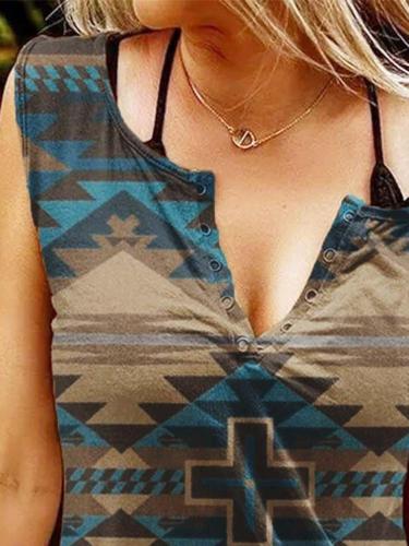 Crew Neck Tribal Sleeveless Casual Shirts & Tops