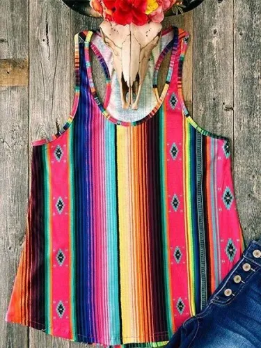 Red Round Neck Stripes Sleeveless Cotton Vests