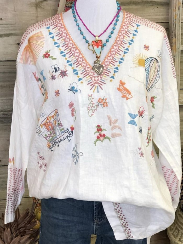 Boho Long Sleeve Vintage Butterfly Floral-Print Shirts & Tops