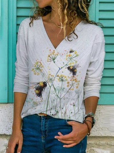 Casual Jersey Floral-Print Long Sleeve Shirts & Tops
