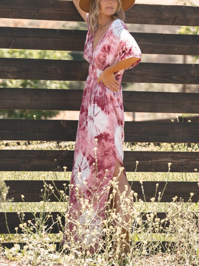 Casual western style plus size loose tie dye large V-neck short sleeve dress