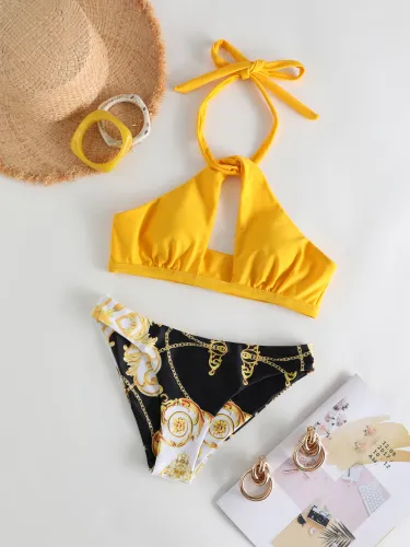 Cut Out Halter Collar Printed Bikini