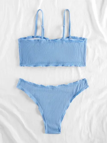 Ribbed Solid Lettuce Trim Bikini
