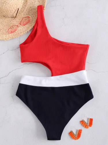 Asymmetry Color Block Cut Out One Piece Swimwear多规格多属性有图