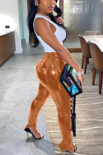 Black Sexy Street Polyester Patent Leather Solid Slit Skinny BOTTOMS
