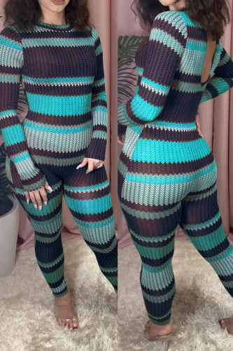 Blue Casual Polyester Fiber Striped Print Pants O Neck Skinny Jumpsuits