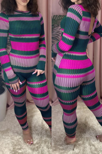 Blue Casual Polyester Fiber Striped Print Pants O Neck Skinny Jumpsuits