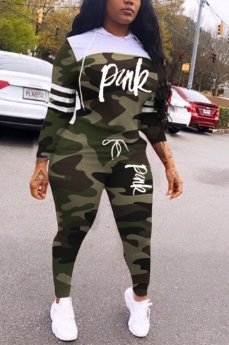 Army Green Polyester adult Casual Fashion Two Piece Suits Patchwork contrast color Camouflage Print pencil Long