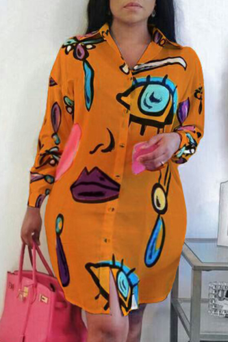Orange Fashion Casual Turndown Collar Long Sleeve Regular Sleeve Print Shirt Dress Plus Size