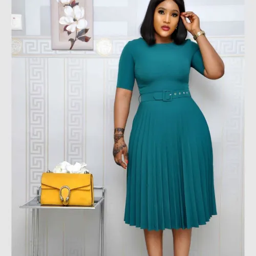 VITIANA Women Casual Pleated Dress Summer 2020 Female Short Sleeve O-Neck Green Midi Dresses Femme Office OL Vestidos With Belt