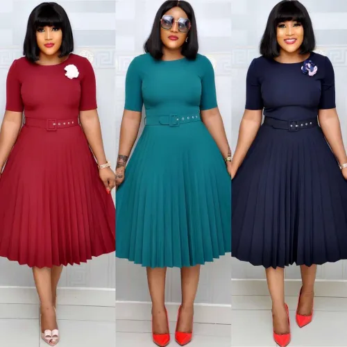 VITIANA Women Casual Pleated Dress Summer 2020 Female Short Sleeve O-Neck Green Midi Dresses Femme Office OL Vestidos With Belt