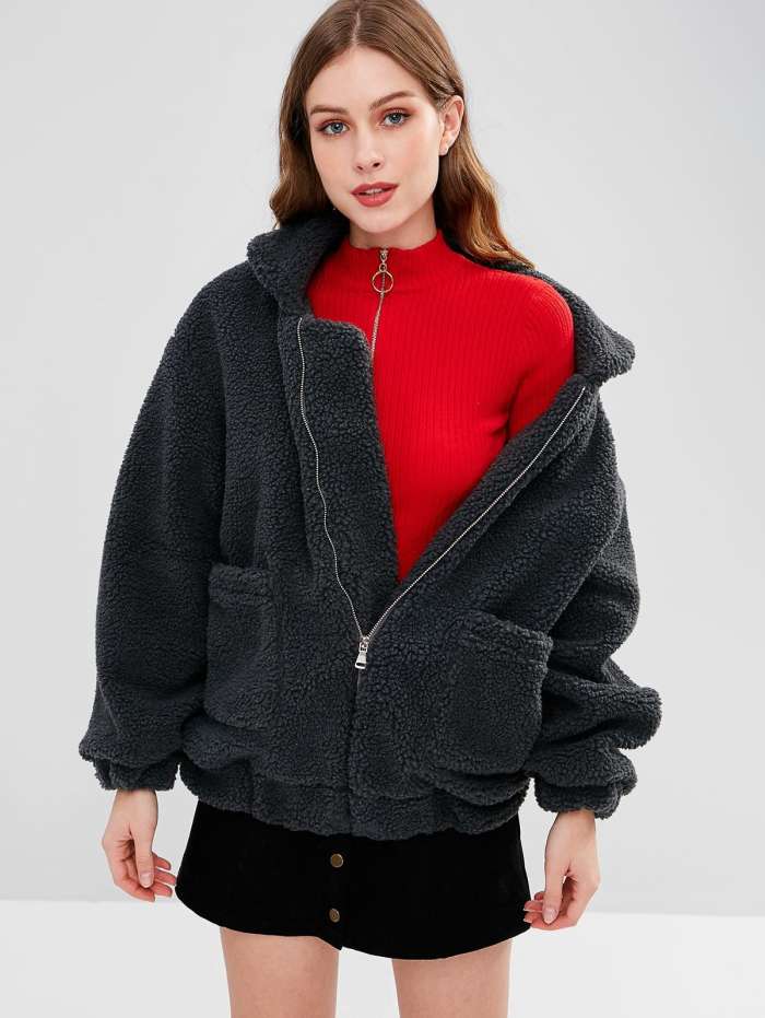 Zip Up Fluffy Winter Coat - Camel