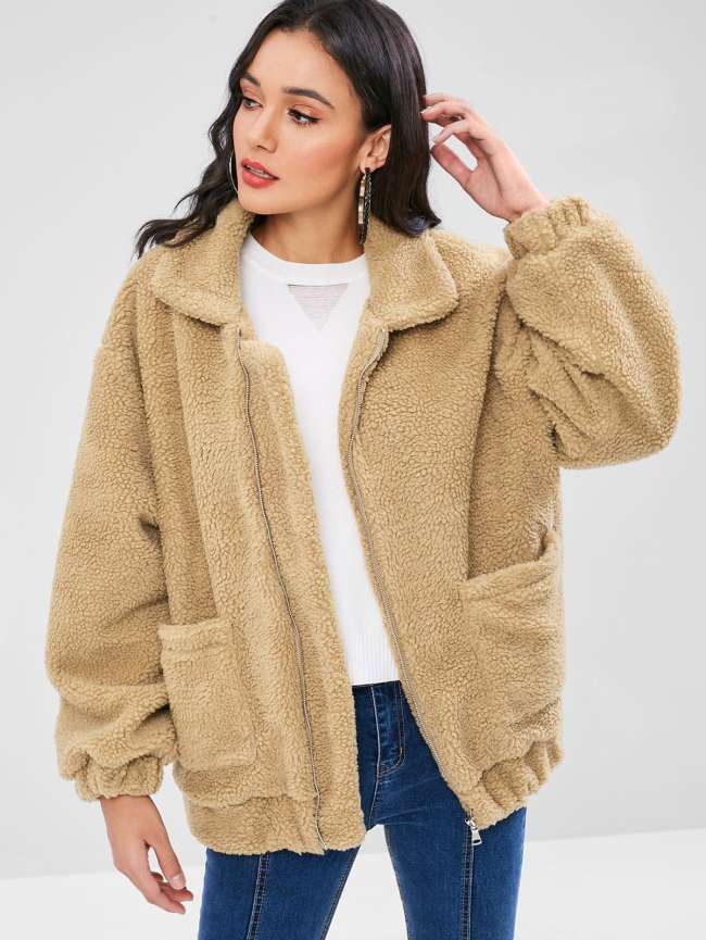 Zip Up Fluffy Winter Coat - Camel