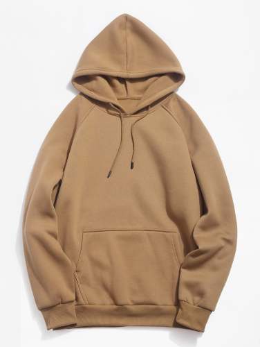 Basic Solid Pouch Pocket Fleece Hoodie - Camel