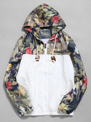 Floral Printed Patchwork Hooded Jacket - Black