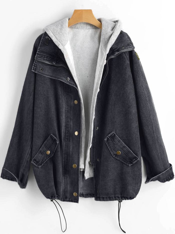 Button Up Denim Jacket And Hooded Vest - Black