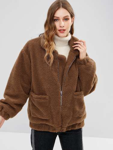 Zip Up Fluffy Winter Coat - Camel Brown