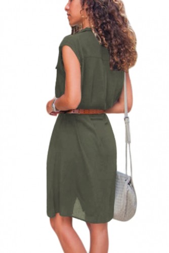 Green Pockets Buttoned Sleeveless Shirt Dress
